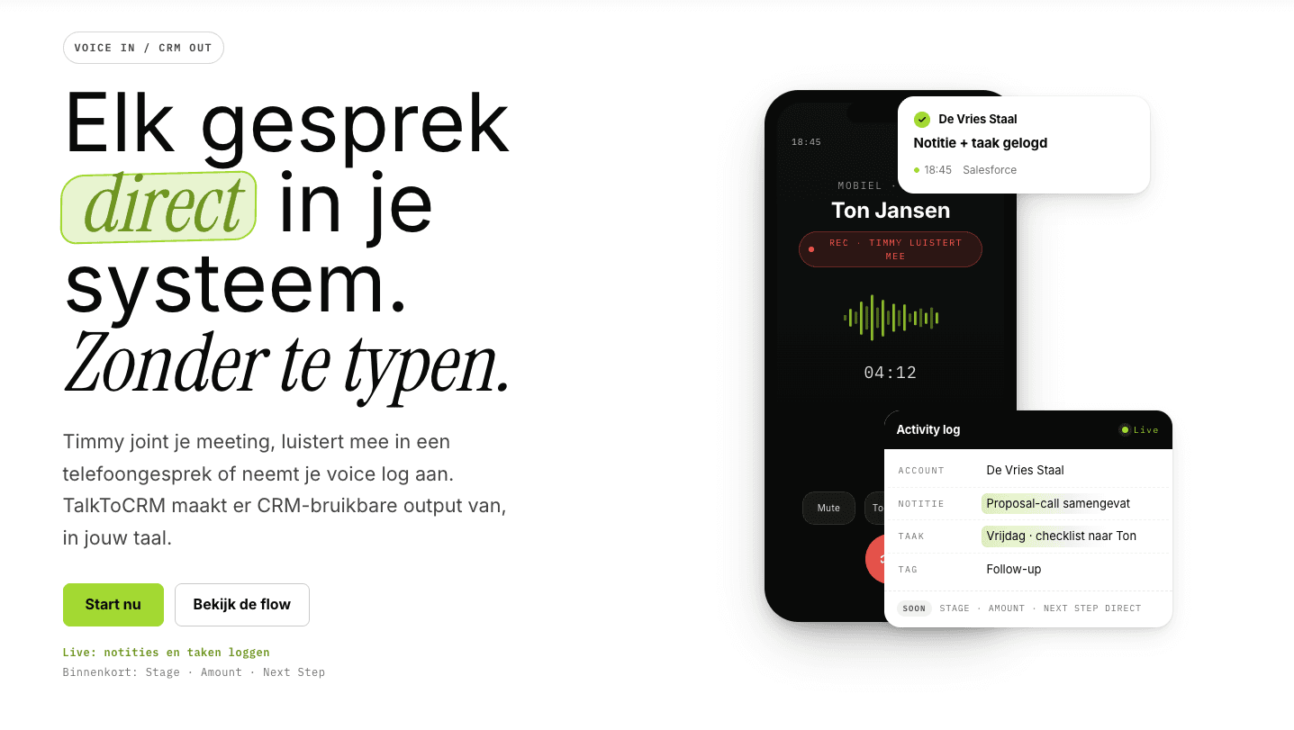 De TalkToCRM website: positionering uitgewerkt in de business case.